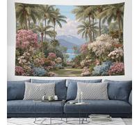 DACRWEKZ Exotic Jungle Wall Hanging Tapestry Lakes Palm Mountains Wall Art Large Mural Decor Backdrop Blanket for Bedroom Living Room Decoration Pink Green, 100 x 70cm