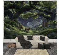 DACRWEKZ Fantasy Illustrations Tapestry, Green Deer In The Ancient Forest Wall Hanging Tapestries, Large Tapestry for Home Office Dorm Indoor and Outdoor Decoration, 200 x 150cm