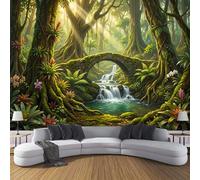 DACRWEKZ Fantasy Rainforest Wallpaper with Stone Arch Bridge, Waterfall, Stream - 350x256cm Wall Paper - Green Paper for Bedroom Living Room TV Backdrop Hallway Hall Lounge