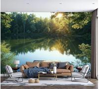 DACRWEKZ Forest Lake View Panoramic Wallpaper Mural - Light Green Wooden Boardwalk On The Lake Silk Photo Wallpaper for Living Room, Bedroom Dining Room Feature, High-Resolution Wall Décor 300x210cm