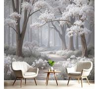 DACRWEKZ Forest Landscape Wallpaper with Flower-Lined Path in The Mist - 200x140cm Wall Paper - Grayish White Paper for Bedroom Living Room TV Backdrop Hallway Hall Lounge