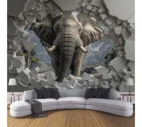 DACRWEKZ Grey Elephant Bursts Through Hole in Wall Breaking The Wall Art Style 3D Silk Wall Mural Photo Wallpaper, Premium Art Print Decor for Living Room Kids' Bedroom & Home Interiors 250x175cm
