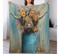 DACRWEKZ Highland cattle floral pattern Print Blanket and Throws Rural Design Gifts Throw Blankets Soft Warm Flannel Bedding Blanket for Girls Kids Adults Couch Travel 200 x 200cm