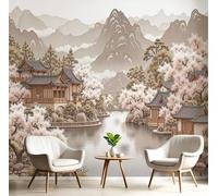 DACRWEKZ Ink Painting Style Wall Sticker, Rivers and Mountains Peach Blossoms Landscape, Decoration, Mural for Bedroom Living Room Living Room, Wallpaper Decor