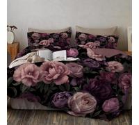 DACRWEKZ King Bedding set 230x220cm, Blooming Roses Bed in a Bag, Soft Microfiber Retro Romantic Style Complete Bedding Set for All Season Purple Pink