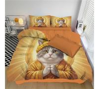 DACRWEKZ King Cartoon Animals Reversible Duvet Cover Set|A Fat Cat Praying For Blessings Microfiber Brushed Quilt Cover Set with Matching Pillowcases, Soft Easy Care Bed Set 230x220cm