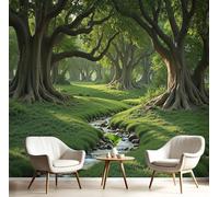 DACRWEKZ Landscape Photography Wallpaper with Trees, Streams, Grasslands - 300x210cm Wall Paper - Green Paper for Bedroom Living Room TV Backdrop Hallway Hall Lounge