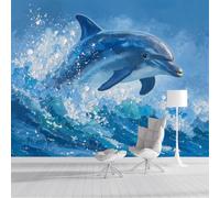 DACRWEKZ Leaping Dolphins Panoramic Wallpapers, Giant Wall Poster Personalized Marine Animals for Living Room, Children's Room Wall Decoration 400x280cm Blue