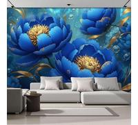 DACRWEKZ Luxury Flowers Wallpaper, Peony in The Water Wall Mural, Dark Blue Silk Mural Wallpaper for Living Room, Bedroom, Large Background - 300x210cm (Not Peel and Stick)