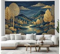 DACRWEKZ Luxury Scenery Blue Gold Tapestry for Wall Hanging, Trees, Mountains And Rivers Room Decor, Indian Wall Art, Yoga Decor, Beach Blanket, Living Room & Bedroom - 150 x 130cm