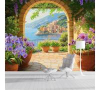 DACRWEKZ Mediterranean Style Wall Murals,Seaview Flower House Mural Yellow Blue Wall Covering Fabric, Large Photo Wallpaper for Living Room Bedroom Kitchen Office Kids 200x140cm