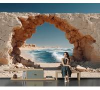 DACRWEKZ Natural Landscape Ocean Rock Arch Panoramic Wall Mural, Light Brown Wallpaper 250x175cm, Modern Large-Scale Wall Art Mural Panoramic Poster for Living Room Bedroom Office
