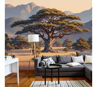 DACRWEKZ Natural Scenery Big Tree Grassland Mountains Panoramic Wall Mural, Yellow-Green Wallpaper 250x175cm (W x H), Modern Large-Scale Wall Art Mural Panoramic Poster for Living Room Bedroom Office