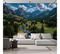 DACRWEKZ Natural Scenery River Flows Through Valley Panoramic Wall Mural, Green Wallpaper 200x140cm (W x H), Modern Large-Scale Wall Art Mural Panoramic Poster for Living Room Bedroom Office