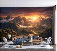 DACRWEKZ Natural Scenery Wallpaper with Mountains, Rivers, Clouds and Mist - 450x315cm Wall Paper - Yellow Paper for Bedroom Living Room TV Backdrop Hallway Hall Lounge