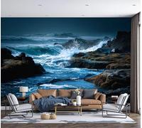 DACRWEKZ Ocean Scenery Waves Crashing Against The Rocks Panoramic Wall Mural, Dark Blue Wallpaper 450x356cm (W x H), Modern Large-Scale Wall Art Mural Panoramic Poster for Living Room Bedroom Office