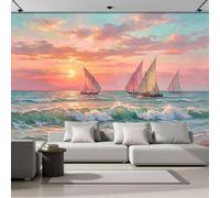 DACRWEKZ Orange Panoramic Wallpaper Mural,200x140cm Wall Poster Coastal Scenery Photo Effect,Sunset Over Sailboats On The Sea Decoration for Bedroom Living Room Corridor