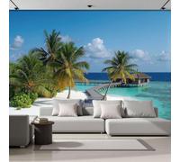 DACRWEKZ Panoramic Custom Blue Wallpaper Murals, Island Resort Style Silk Wall Murals, Palm Tree Beach Boardwalk Living Room Kitchen Dining Room Bedroom Wallpaper