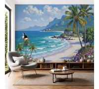 DACRWEKZ Panoramic Custom Blue Wallpaper Murals, Island Scenery Silk Wall Murals, Palm Trees, Wildflowers, and Sandy Beaches Living Room Kitchen Dining Room Bedroom Wallpaper