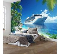 DACRWEKZ Panoramic Custom Blue Wallpaper Murals, Tropical Island Style Silk Wall Murals, Cruise Ship Palm Trees Ocean Living Room Kitchen Dining Room Bedroom Wallpaper