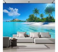 DACRWEKZ Panoramic Custom Blue Wallpaper Murals, Tropical Ocean Breeze Silk Wall Murals, Palm Tree Beach Island Living Room Kitchen Dining Room Bedroom Wallpaper