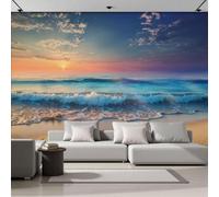DACRWEKZ Panoramic Custom Dark Blue Wallpaper Murals, Natural Scenery Silk Wall Murals, Sunset, Waves, Starfish Living Room Kitchen Dining Room Bedroom Wallpaper