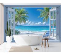 DACRWEKZ Panoramic Custom Light Blue Wallpaper Murals, Coastal Scenery Silk Wall Murals, Glass Windows, Beach, Trees Living Room Kitchen Dining Room Bedroom Wallpaper