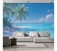 DACRWEKZ Panoramic Custom Light Blue Wallpaper Murals, Fresh Island Style Silk Wall Murals, Palm Trees, Beaches, Ocean Living Room Kitchen Dining Room Bedroom Wallpaper