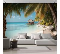 DACRWEKZ Panoramic Custom Light Blue Wallpaper Murals, Island Resort Style Silk Wall Murals, Thatched Huts, Beach, Palm Trees Living Room Kitchen Dining Room Bedroom Wallpaper