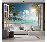 DACRWEKZ Panoramic Custom Yellow Blue Wallpaper Murals, Healing Island Style Silk Wall Murals, Wooden Bed, Beach, Sunset Living Room Kitchen Dining Room Bedroom Wallpaper