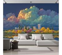 DACRWEKZ Panoramic Wallpaper Dreamy Scenery Lakeside City Reflections 3D Effect Photo Wallpaper, Yellow Blue Large Photo Mural 450x356cm for Bedroom Living Room Office Home Decoration