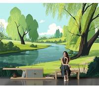 DACRWEKZ Panoramic Wallpaper Mural,250x175cm Wall Poster Green Cartoon Illustrations Art Print Design Photo Effect,Weeping Willows, Rivers, Grasslands Decoration for Bedroom Living Room Corridor