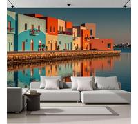DACRWEKZ Panoramic Wallpaper Mural,350x256cm Wall Poster Orange Color Modern Architectural Style Art Print Design Photo Effect,Waterfront Buildings Decoration for Bedroom Living Room Corridor