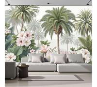 DACRWEKZ Panoramic Wallpaper Tropical Flowers Flowering Coconut Tree 3D Effect Photo Wallpaper, Pink Green Large Photo Mural 300x210cm for Bedroom Living Room Office Home Decoration