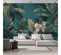 DACRWEKZ Panoramic Wallpaper Tropical Jungle Banana Leaf Flowers 3D Effect Photo Wallpaper, Dark Green Large Photo Mural 250x175cm for Bedroom Living Room Office Home Decoration