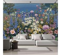 DACRWEKZ Pastoral Scenery Mural Wallpaper 300x210cm - Wildflowers, Meadows, Trees Wall Mural, Blue-Green, Silk Photo Wallpaper 3D Effect for Bedroom Living Room Office Decoration
