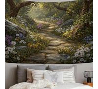 DACRWEKZ Pastoral Scenery Wall Hanging Tapestry Wildflowers Along The Stone Path Wall Art Large Mural Decor Backdrop Blanket for Bedroom Living Room Decoration Yellow-Green, 100 x 70cm