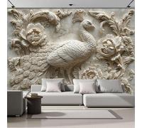DACRWEKZ Photo Wallpaper 3D Effect Mural Panoramic Peacocks and Flowers Wallpaper, Animal Sculptures Silk Wall Art Mural for Bedroom Living Room Decoration Poster Beige 400x280cm