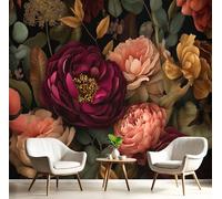 DACRWEKZ Photo Wallpaper 3D Effect Mural Panoramic Retro Style Wallpaper, Roses and Peonies Silk Wall Art Mural for Bedroom Living Room Decoration Poster Dark red 250x175cm
