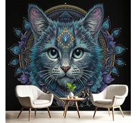 DACRWEKZ Photo Wallpaper 3D Effect Panoramic Mural Bohemian Style Mandala Cat for Living Room Adult Children Bedroom Home Decoration Wall Poster- Silk 400x280cm(WxH) Wall Mural Blue-Purple