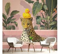 DACRWEKZ Photo Wallpaper 3D Effect Panoramic Mural Interesting Animals Cheetah in The Bathtub for Living Room Adult Children Bedroom Home Decoration Wall Poster- Silk 200x140cm(WxH) Wall Mural Pink