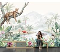 DACRWEKZ Photo Wallpaper for Living Room, Wall Murals for Bedrooms Tropical Rainforest Leopard Palm Leaf Flowers Silk Panoramic Wall Art Background Decorative 300x210cm, Green