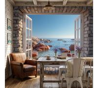 DACRWEKZ Photo Wallpaper Light Blue Fresh Seaside Window View Stone Wall Ocean 400x280cm Silk Wall Mural, 3D Wallpapers Roll Murals, Moderne Living Room Bedroom Art Poster Mural Wallpaper