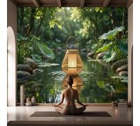 DACRWEKZ Photo Wallpaper Zen-Like Tranquil Scenery 250x175cm Silk Wall Mural | 3D Wallpaper Lotus Leaf Lake Lantern Mural, Moderne Living Room Bedroom Art Poster Mural Wallpapers Dark Green