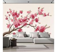 DACRWEKZ Pink Mural Wallpaper for Living Room Bedroom Decor - Blooming Peach Blossoms Wall Mural, Chinese Minimalist Wall Art, Silk Photo Wallpaper 3D Effect for TV Background Decor
