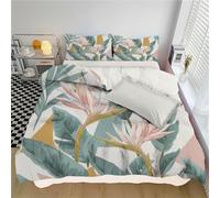 DACRWEKZ Plants And Flowers Duvet Cover Set Pink Green Strelitzia Reginae And Banana Leaves Bedding Set King Bed Soft Quilt Cover 230x220cm with Zipper Closure and 2 Pillowcases