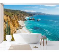DACRWEKZ Premium 3D Panoramic Coastal Scenery Wallpaper, Cliff Beach Blue Backdrop Wall Photo Mural Wallpaper Living Room Bedroom Theme Hotel Warm Decor Papel Mural 200x140cm