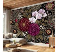 DACRWEKZ Premium 3D Panoramic Ethnic Customs Wallpaper, Dahlia Orchid Black Backdrop Wall Photo Mural Wallpaper Living Room Bedroom Theme Hotel Warm Decor Papel Mural 300x210cm