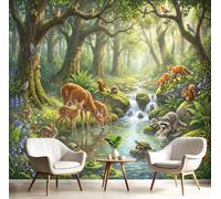 DACRWEKZ Premium 3D Panoramic Fairy Tale Forest Wallpaper, Forest Stream Deer Herd Green Backdrop Wall Photo Mural Wallpaper Living Room Bedroom Theme Hotel Warm Decor Papel Mural 450x315cm