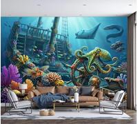 DACRWEKZ Premium 3D Panoramic Fantasy Ocean Style Wallpaper, Shipwreck Coral Octopus Blue Backdrop Wall Photo Mural Wallpaper Living Room Bedroom Theme Hotel Warm Decor Papel Mural 450x315cm